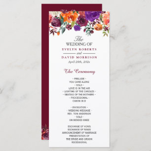 Watercolor Burgundy Purple Orange Floral Wedding Programme