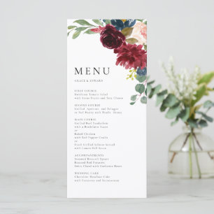 Watercolor Burgundy Red and Navy Blue Botanical Menu