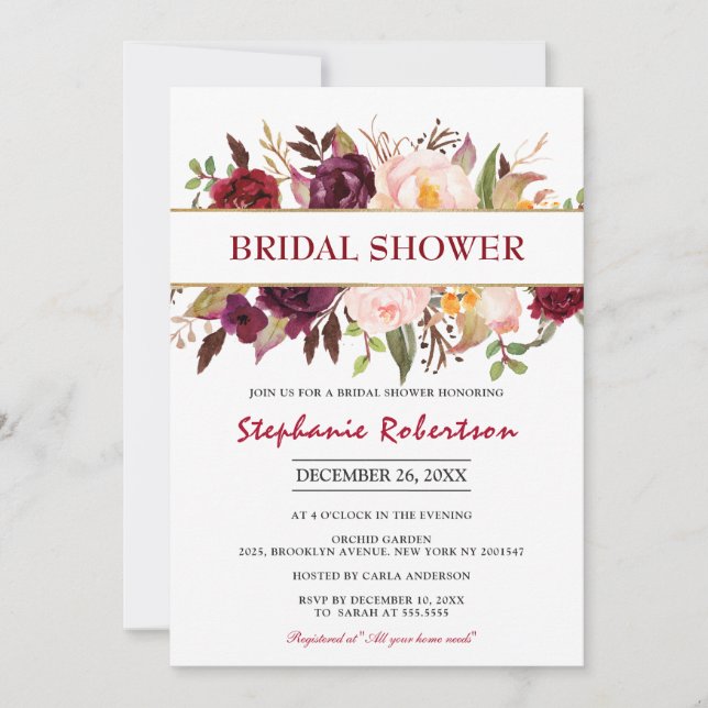 Watercolor Burgundy Red Floral Boho Bridal Shower Invitation (Front)