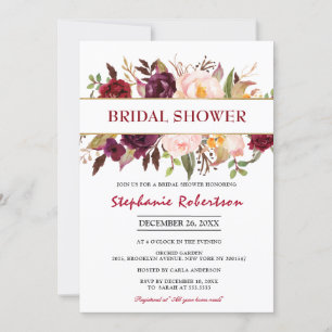 Watercolor Burgundy Red Floral Boho Bridal Shower Invitation
