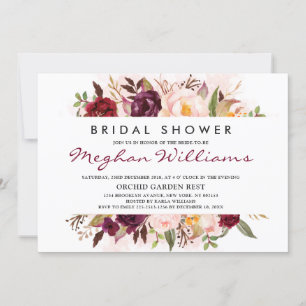 Watercolor Burgundy Red Floral Boho Bridal Shower Invitation