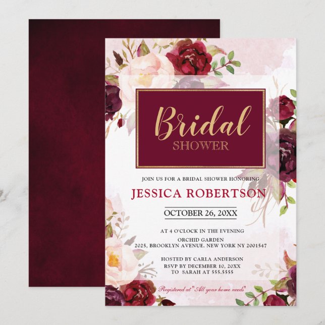 Watercolor Burgundy Red Floral Boho Bridal Shower Invitation (Front/Back)