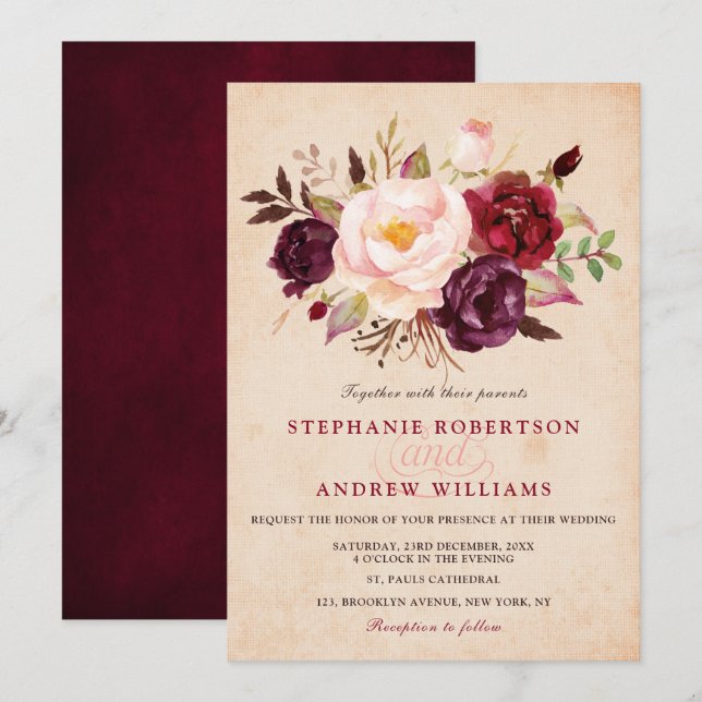 Watercolor Burgundy Red Floral Rustic Boho Invitation (Front/Back)
