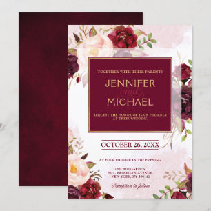 Watercolor Burgundy Red Floral Rustic Boho Invitation