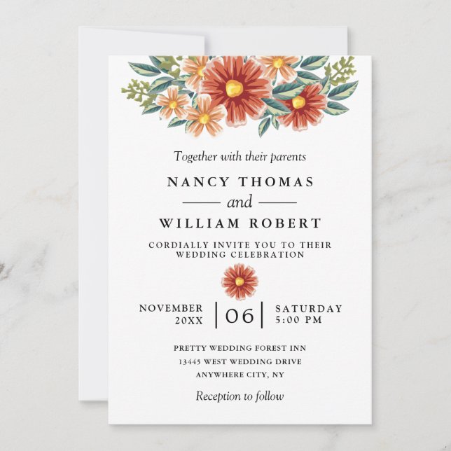 Watercolor Burgundy Red Floral Rustic Boho Wedding Invitation (Front)