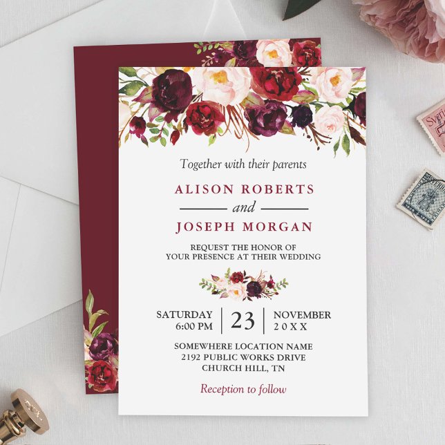 Watercolor Burgundy Red Floral Rustic Boho Wedding Invitation (Creator Uploaded)