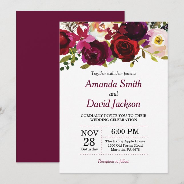 Watercolor Burgundy Red Floral Wedding Invitation (Front/Back)