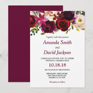 Watercolor Burgundy Red Floral Wedding Invitation