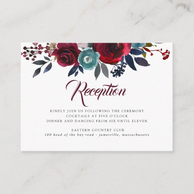 Watercolor Burgundy Red Floral Wedding Reception Enclosure Card (Front)