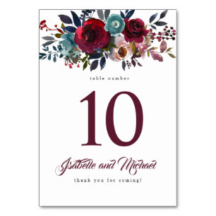 Watercolor Burgundy Red Floral Wedding Table Card