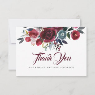 Watercolor Burgundy Red Floral Wedding Thank You Card