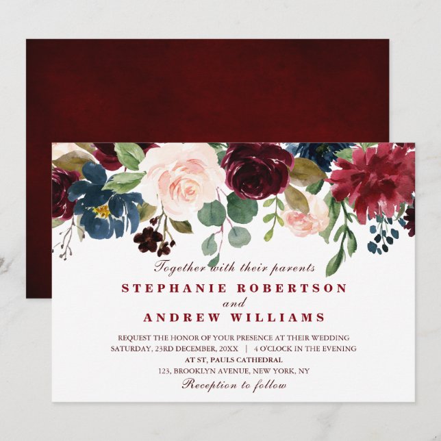 Watercolor Burgundy Red Navy Blue Floral Boho Invitation (Front/Back)