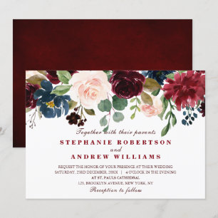 Watercolor Burgundy Red Navy Blue Floral Boho Invitation