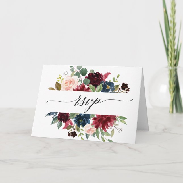 Watercolor Burgundy Red Navy Blush Floral RSVP Invitation (Front)
