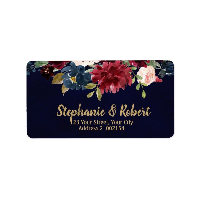 Watercolor Burgundy Red Navy Floral Address label (Front)