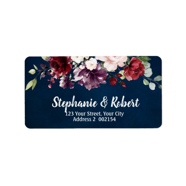 Watercolor Burgundy Red Navy Floral Address label (Front)