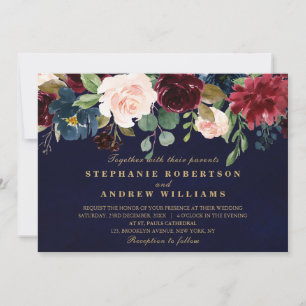 Watercolor Burgundy Red Navy Floral Rustic Boho Invitation