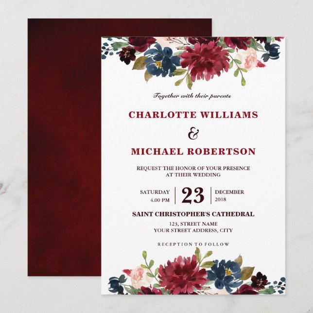 Watercolor Burgundy Red Navy Floral Rustic Boho Invitation (Front/Back)