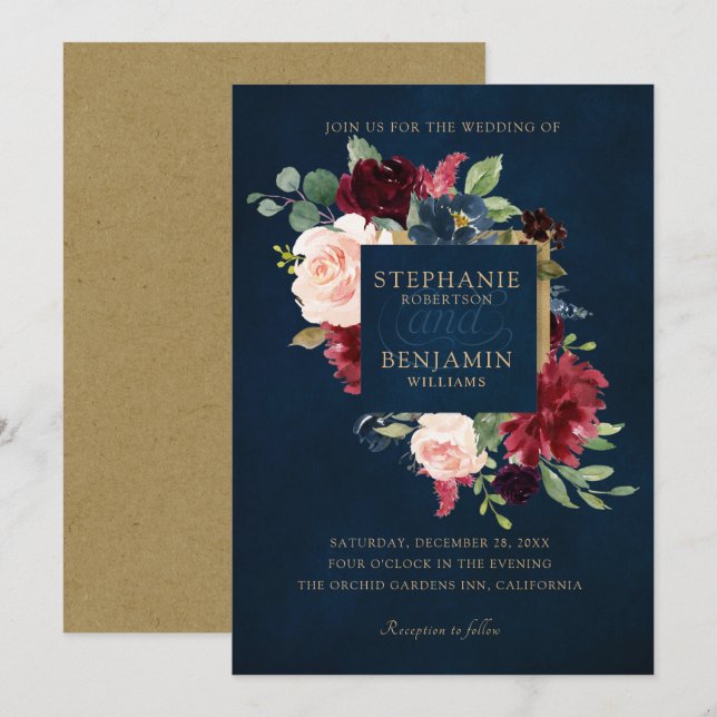 Watercolor Burgundy Red Navy Floral Rustic Boho Invitation (Front/Back)