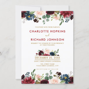 Watercolor Burgundy Red Navy Floral Rustic Boho Invitation