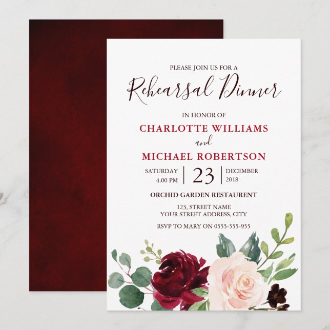 Watercolor Burgundy Red Navy Floral Rustic Boho Invitation (Front/Back)