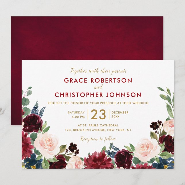 Watercolor Burgundy Red Navy Floral Rustic Boho Invitation (Front/Back)