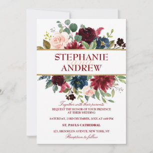 Watercolor Burgundy Red Navy Floral Rustic Boho Invitation
