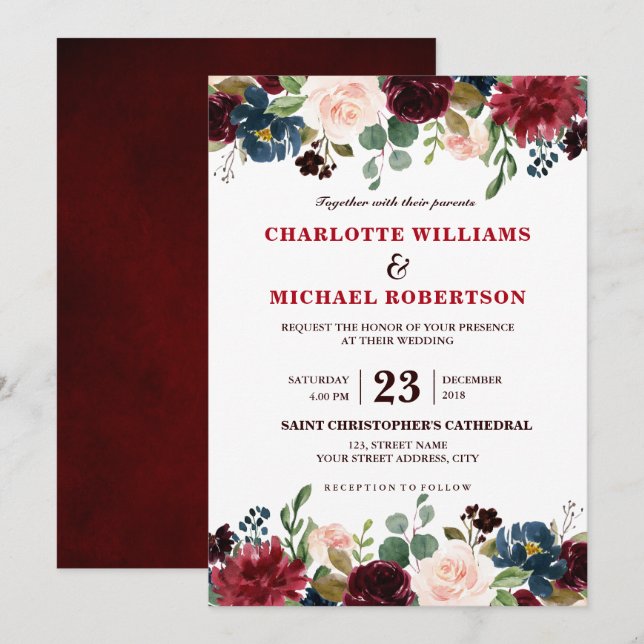 Watercolor Burgundy Red Navy Floral Rustic Boho Invitation (Front/Back)