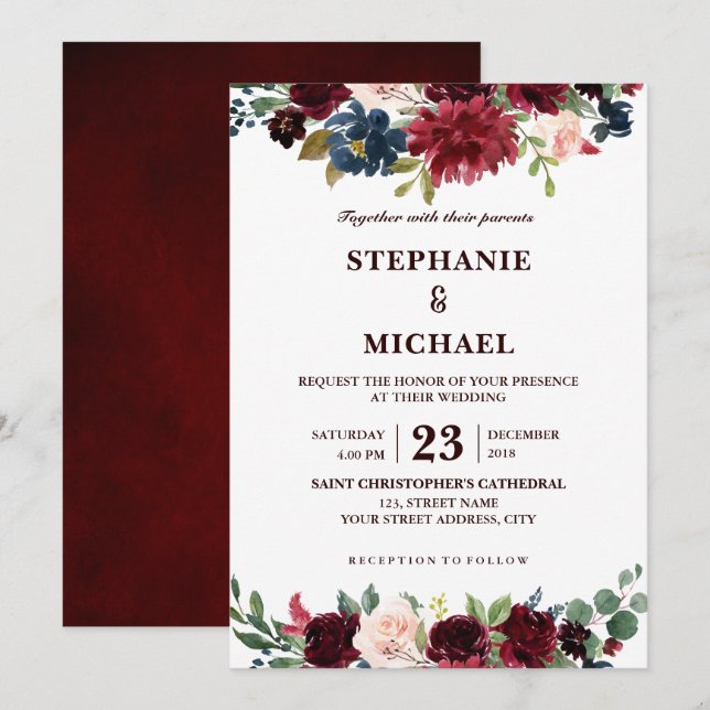 Watercolor Burgundy Red Navy Floral Rustic Boho Invitation (Front/Back)