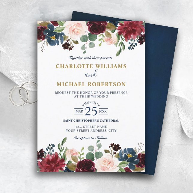 Watercolor Burgundy Red Navy Floral Rustic Boho Invitation (burgundy navy floral wedding invitation)