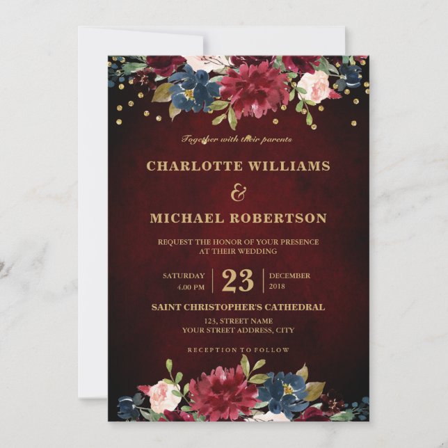 Watercolor Burgundy Red Navy Floral Rustic Boho Invitation (Front)