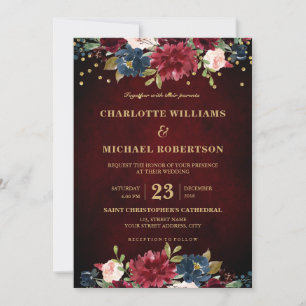 Watercolor Burgundy Red Navy Floral Rustic Boho Invitation