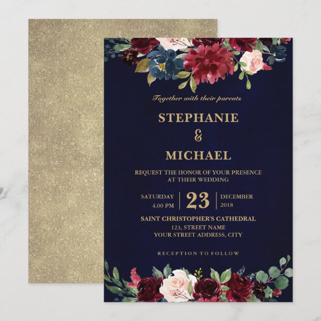 Watercolor Burgundy Red Navy Floral Rustic Boho Invitation (Front/Back)