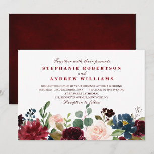Watercolor Burgundy Red Navy Floral Rustic Boho Invitation