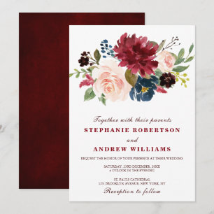 Watercolor Burgundy Red Navy Floral Rustic Boho Invitation