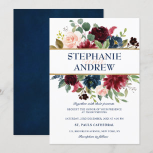 Watercolor Burgundy Red Navy Floral Rustic Boho Invitation