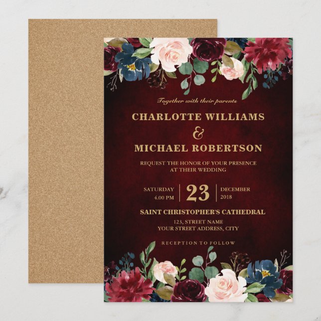 Watercolor Burgundy Red Navy Floral Rustic Boho Invitation (Front/Back)