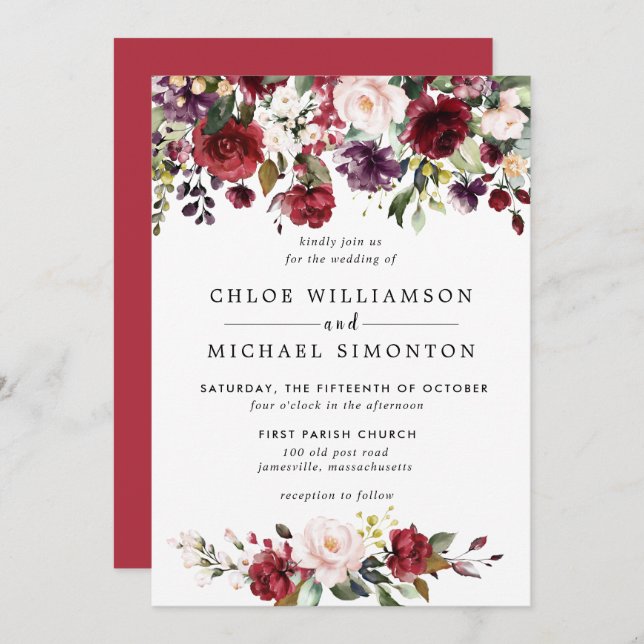 Watercolor Burgundy Red Pink Floral Rustic Wedding Invitation (Front/Back)