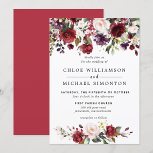 Watercolor Burgundy Red Pink Floral Rustic Wedding Invitation