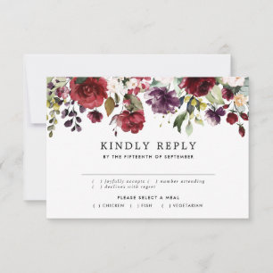 Watercolor Burgundy Red Pink Floral Rustic Wedding RSVP Card