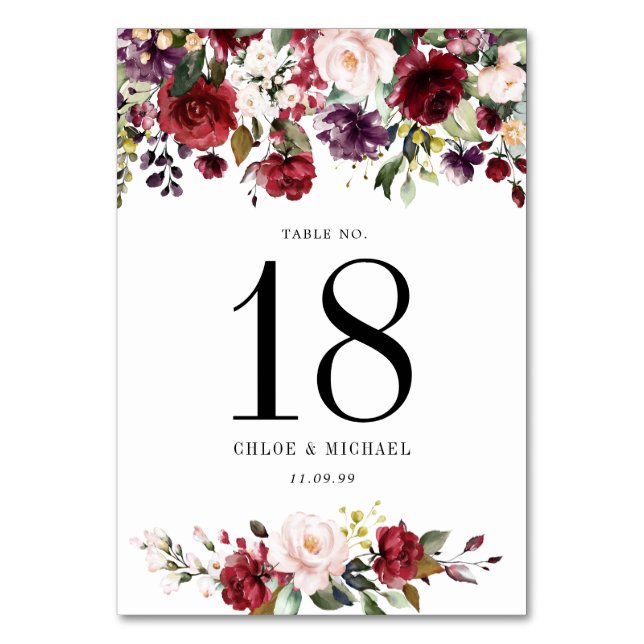 Watercolor Burgundy Red Pink Personalised Table Number (Front)