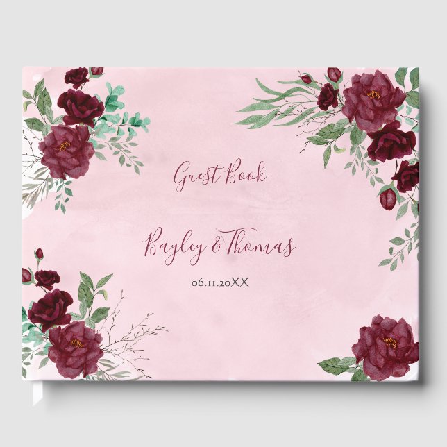 Watercolor Burgundy Red Rose Wedding Guest Book (Front)