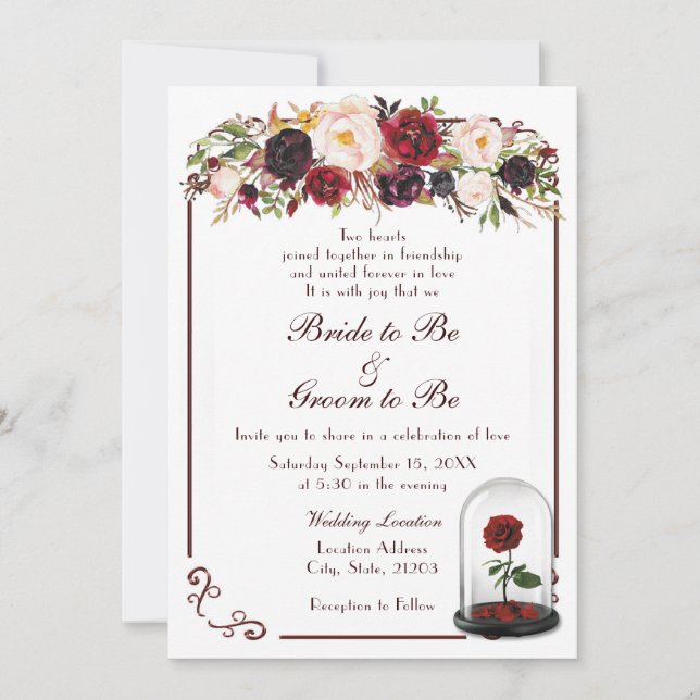 Watercolor Burgundy Red Rose Wedding Invitation (Front)