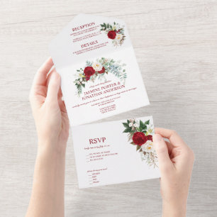 Watercolor Burgundy Red & White Roses All In One I Invitation