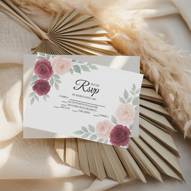 Watercolor Burgundy Rose Floral Wedding RSVP Cards (Creator Uploaded)