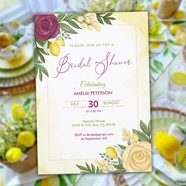 Watercolor Burgundy Rose & lemon bridal shower Invitation (Watercolor Burgundy Rose & lemon bridal shower Invitation)