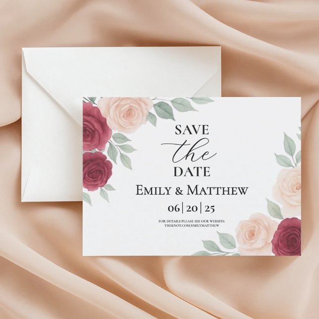 Watercolor Burgundy Rose Wedding Save The Date Announcement Postcard (Creator Uploaded)