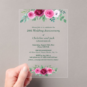 Watercolor Burgundy Roses 20th Wedding Anniversary Acrylic Invitations
