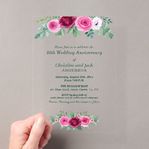 Watercolor Burgundy Roses 25th Wedding Anniversary Acrylic Invitations