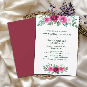 Watercolor Burgundy Roses 40th Wedding Anniversary Invitation